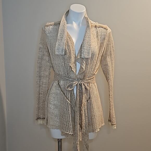 Nick & Mo Lace Open Front Boho Cream Beige Knitted Cardigan - Picture 1 of 8